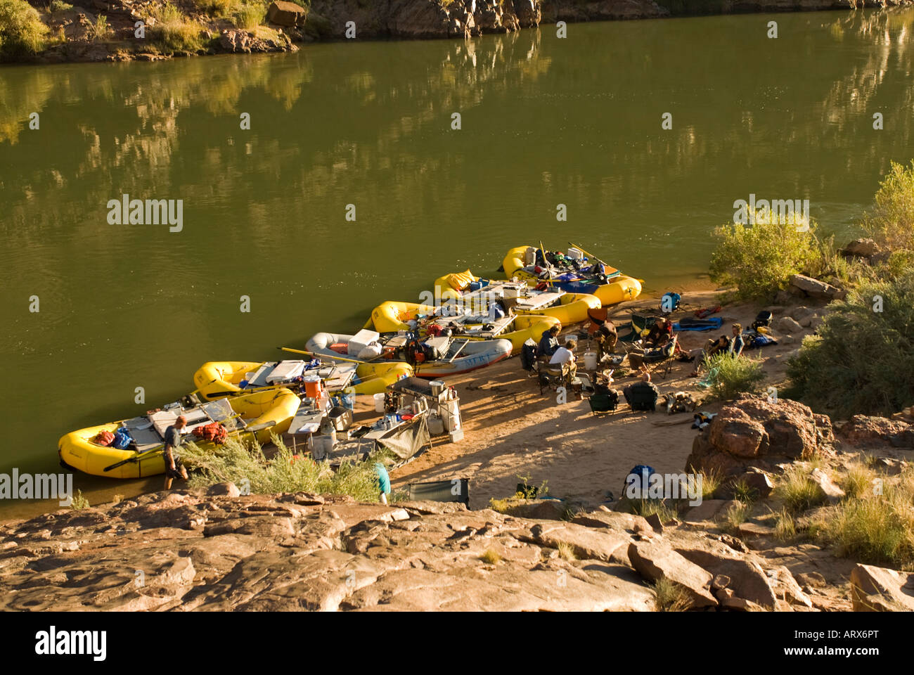 Rafters at camp across Deer Creek on the Colorado River in the Grand Canyon National Park Arizona Stock Photo