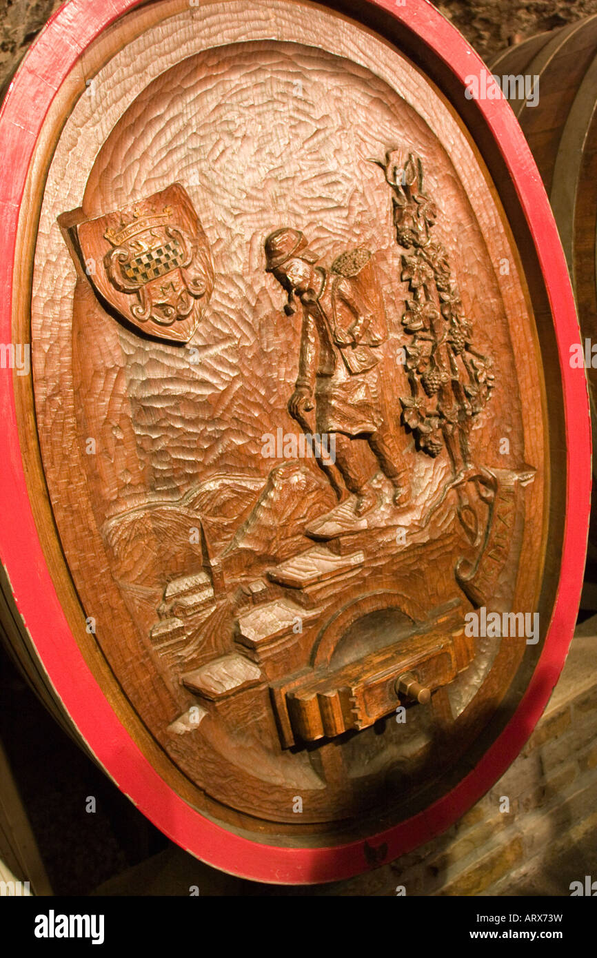 Carved end of wine barrel German wine cellar Stock Photo Alamy