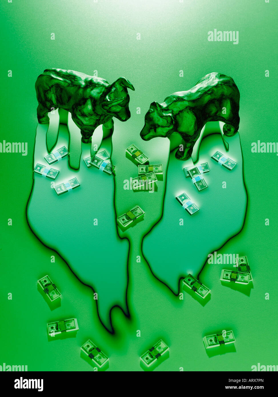 Stock market bear and bull with US cash bundles Stock Photo