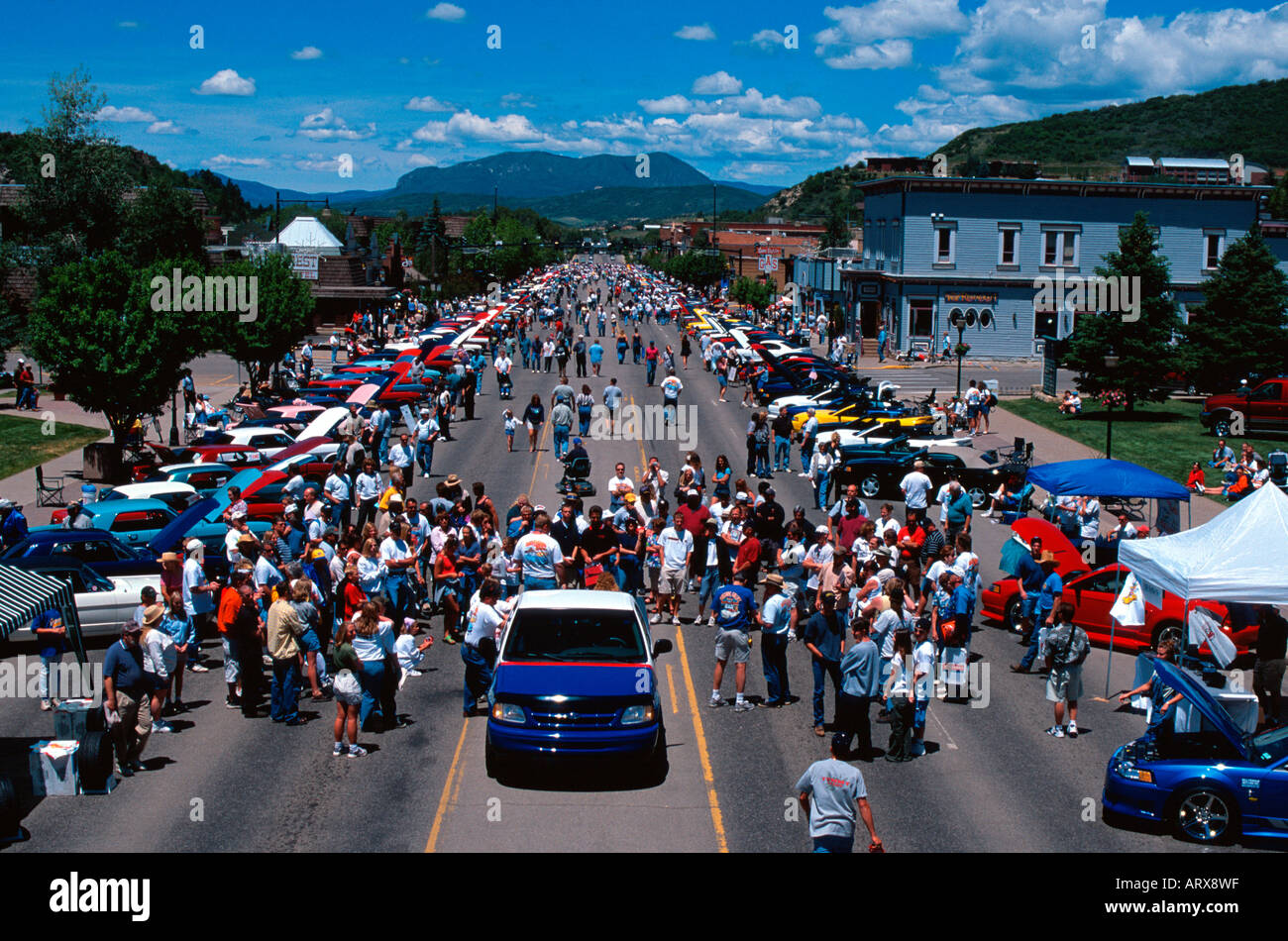 Crowd at Ford Mustang car show in Steamboat Springs Colorado USA Stock