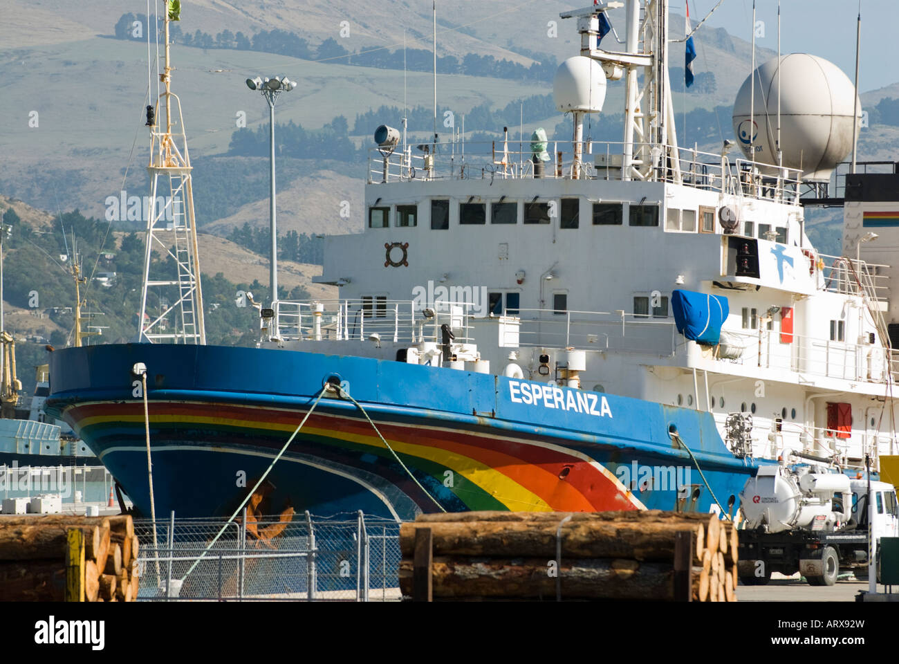 Greenpeace ship Esperanza moored at the Port of Lyttelton for maintenance Stock Photo