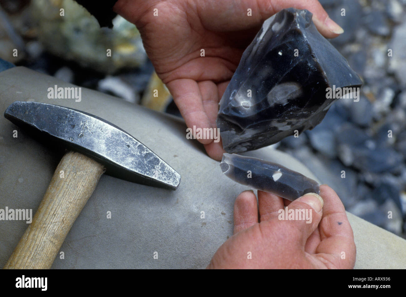 Flint kapping  is one of the Worlds oldest skills, Stock Photo