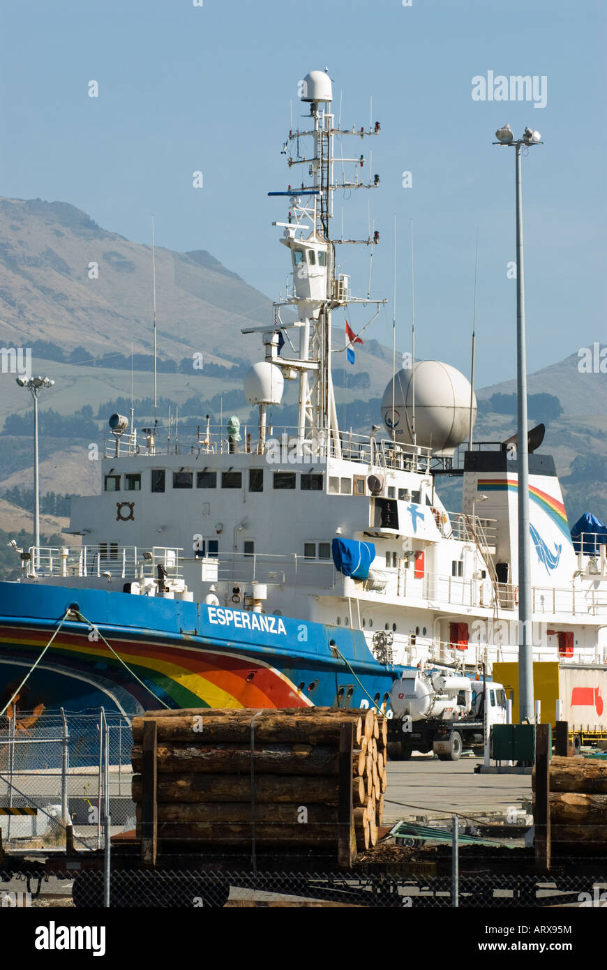 The Greenpeace ship Esperanza moored at the Port of Lyttelton, Christchurch, New Zealand Stock Photo