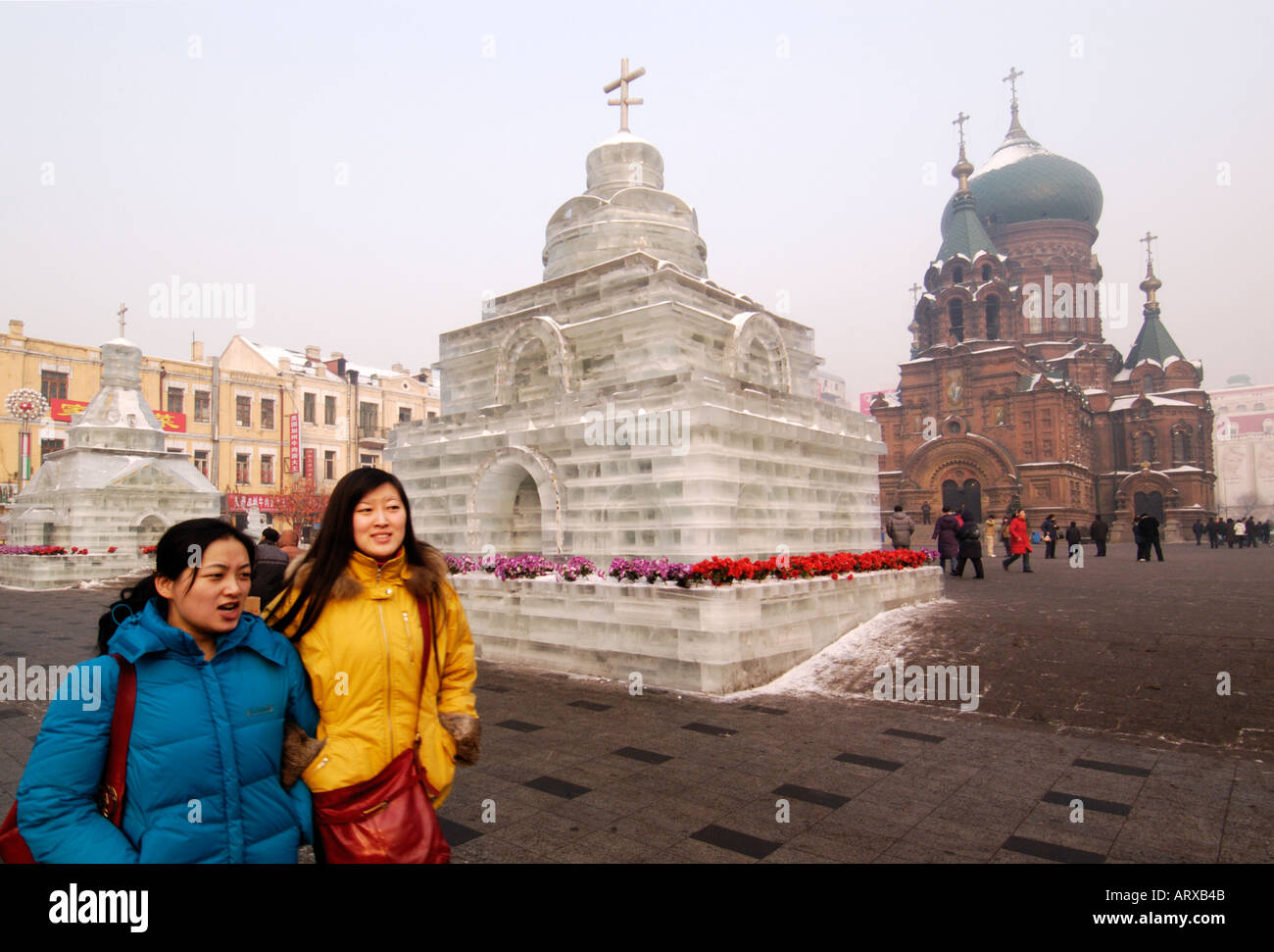 Saint Sophia Church and ice churches in central Harbin during Ice festival in China Stock Photo