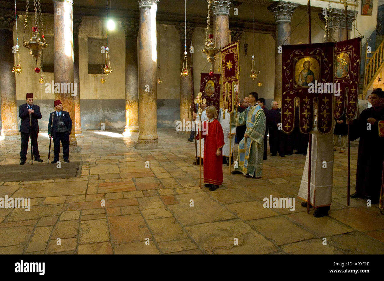 Palestinian Authority Bethlehem church of the Nativity Orthodox Xmas Procession getting prepared in the church Stock Photo
