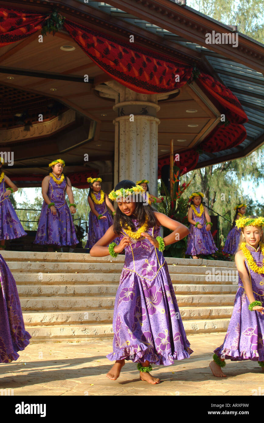 Keiki hula dancers from Halau Hula O Hokulani dancing at the Kapiolani