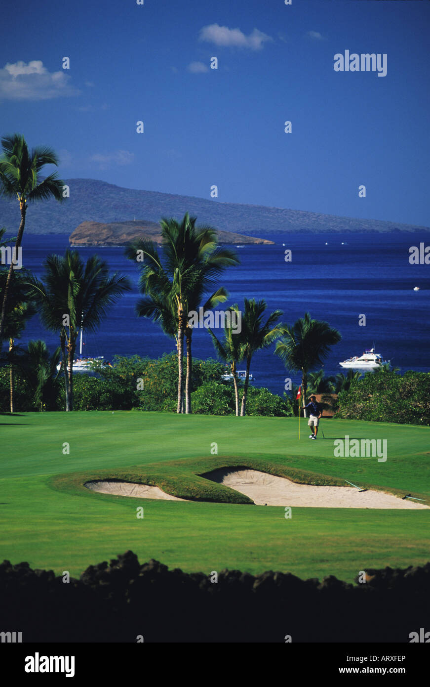 The beautiful 8th hole at Wailea's Gold Course at the Wailea Resort on the south shore of the island of Maui Stock Photo