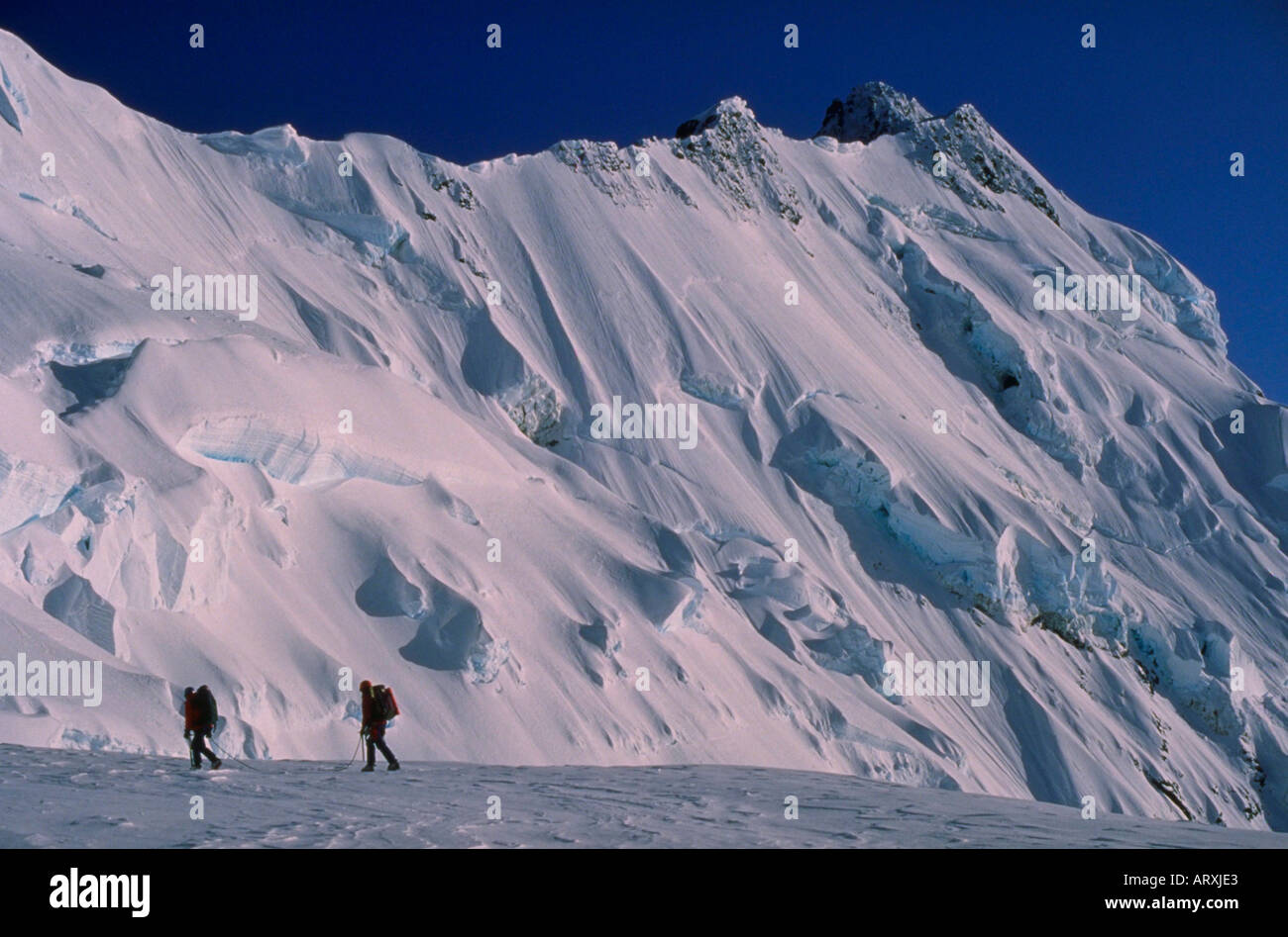 Mountaineers below the main divide of the Southern Alps in Mount Cook National Park in New Zealand Stock Photo