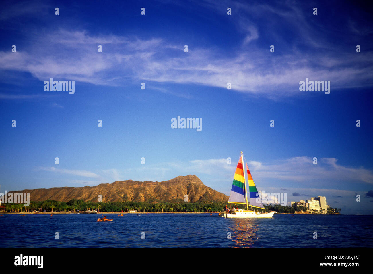 Diamond Head with sail boat, Oahu Stock Photo Alamy