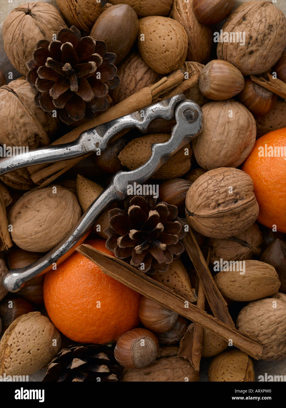 Mixed nuts satsumas cinnamon sticks and nut crackers Stock Photo Alamy