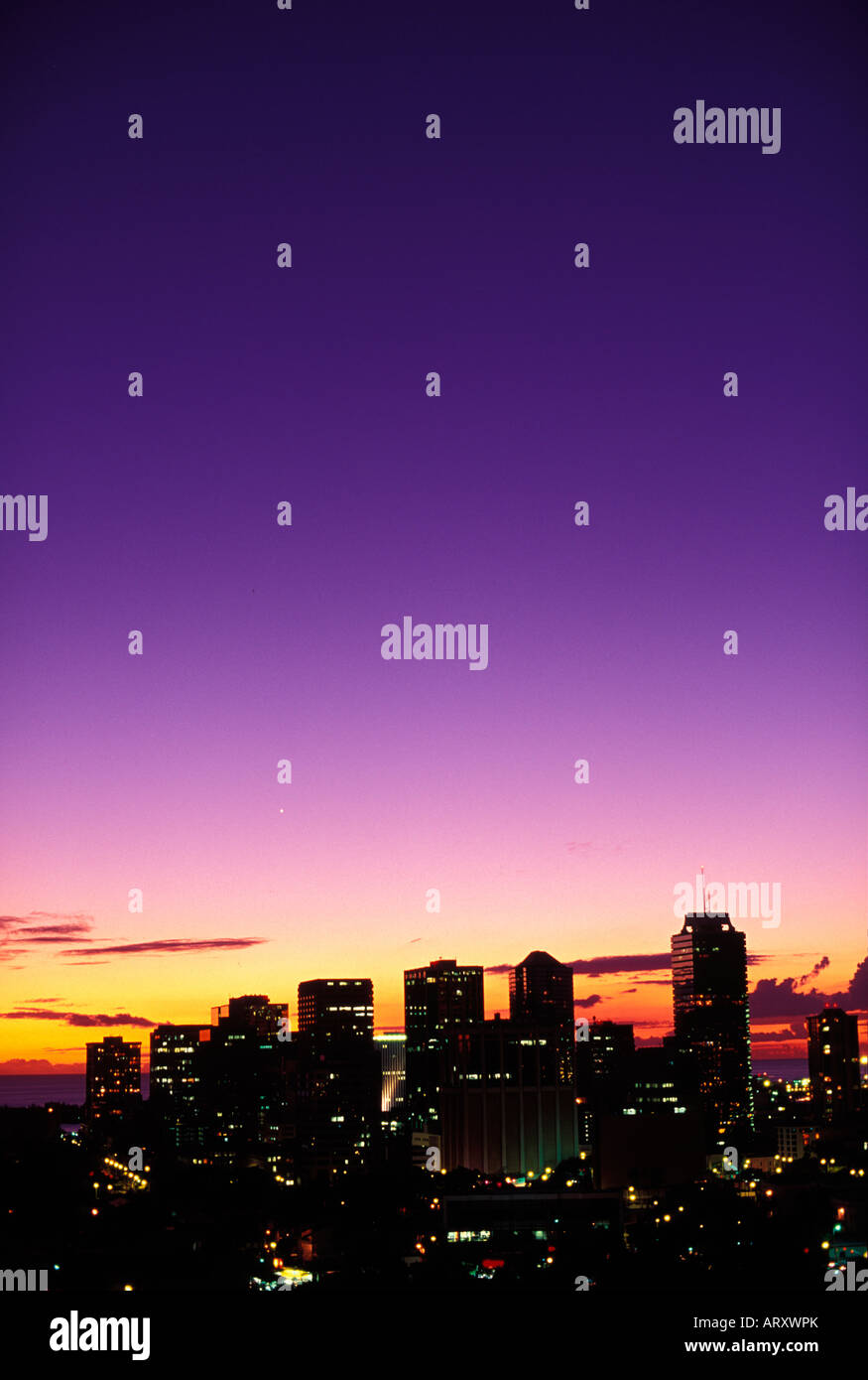 Downtown city lights at sunset, Honolulu, Oahu Stock Photo Alamy