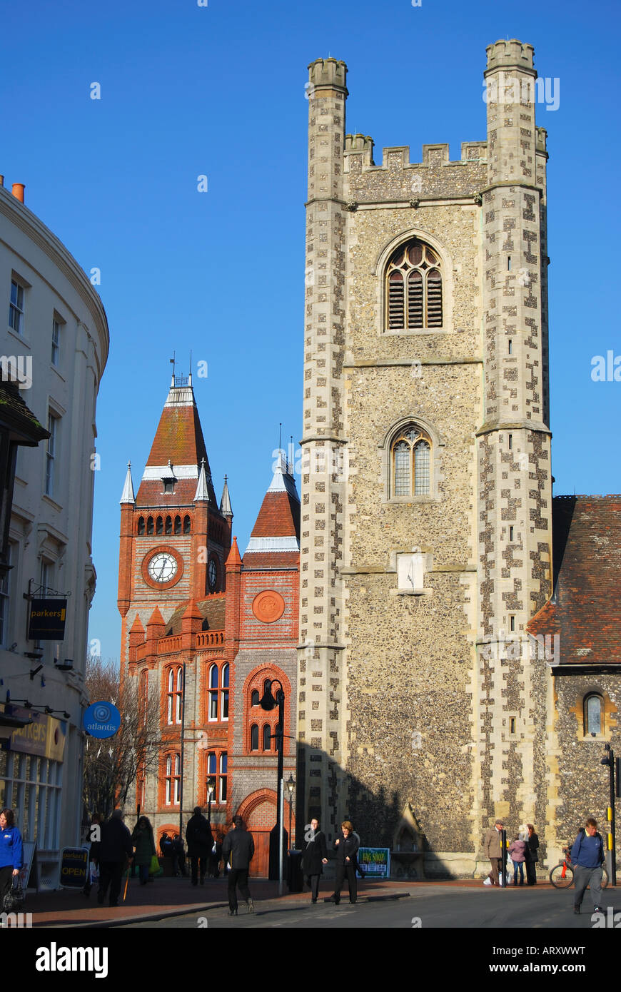 St Lawrence's Church Tower and Town Hall, The Butter Market, Reading, Berkshire, England. United Kingdom Stock Photo