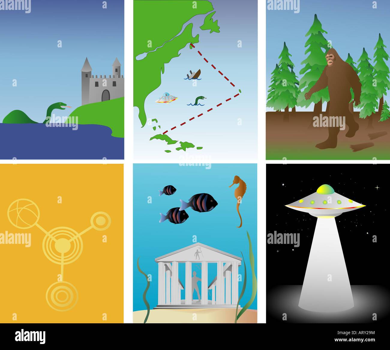 vector illustration of famous mysterious and paranormal events around the world Stock Photo