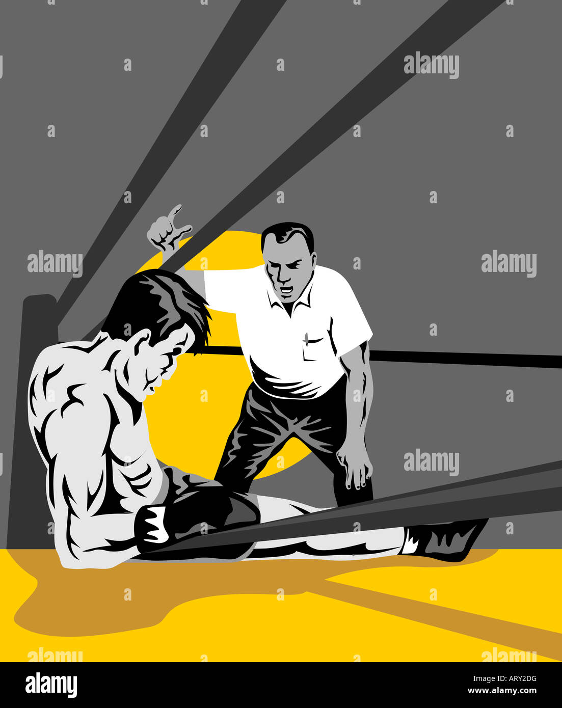 Boxer knocked out by opponent being counted out by referee Stock Photo Alamy