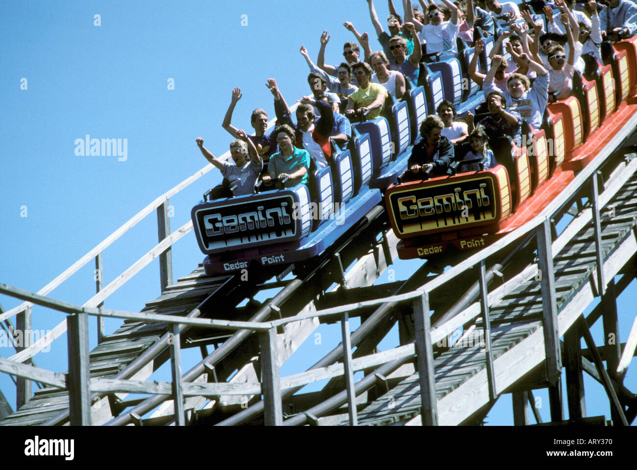 Roller coaster ride at Cedar Point Amusement Park Sandusky Ohio Stock