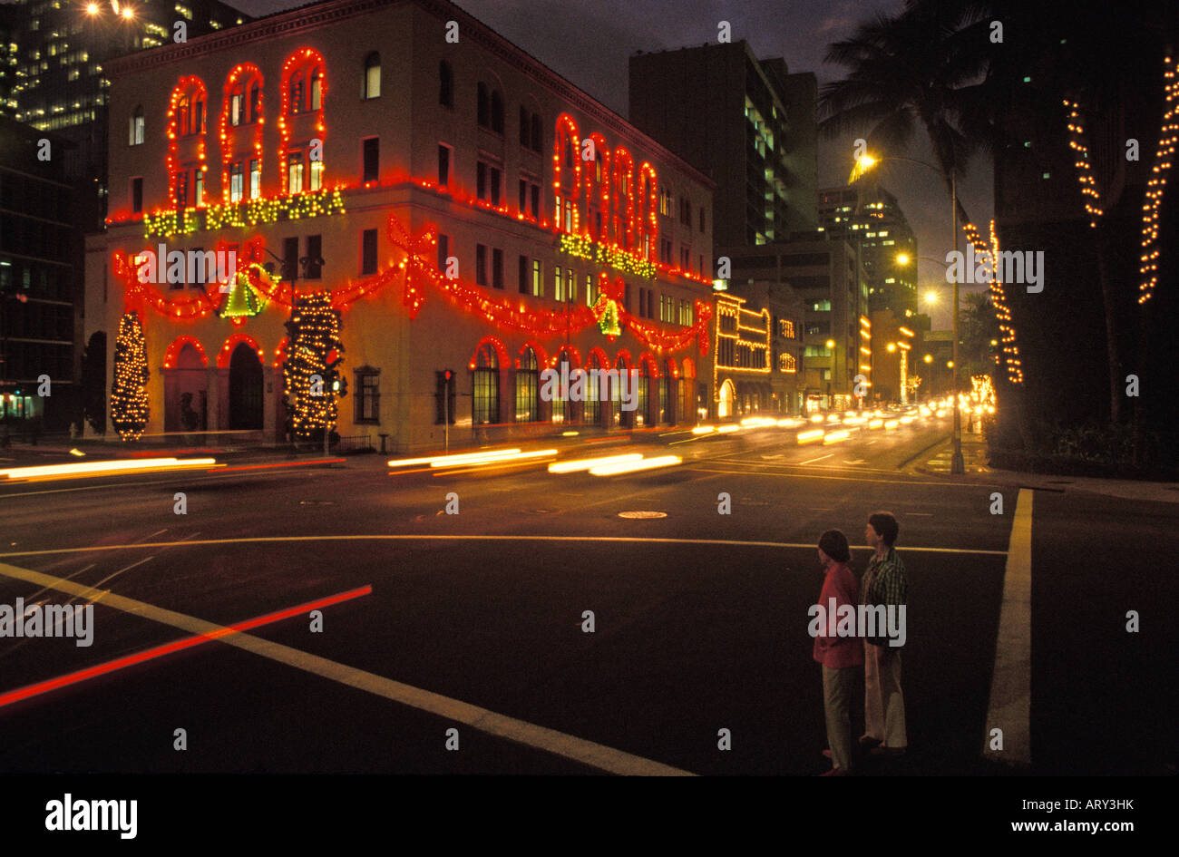 Christmas lights at night in downtown Honolulu Stock Photo Alamy