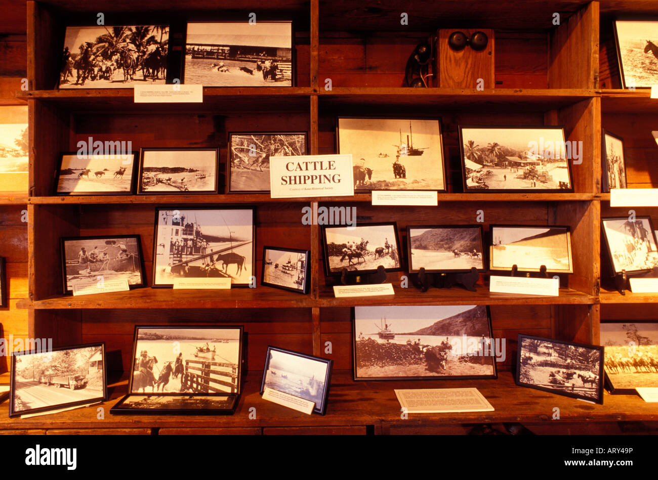 A display of historical photographs within the Greenwell Store, the museum of the Kona Historical Society, Big Island Stock Photo
