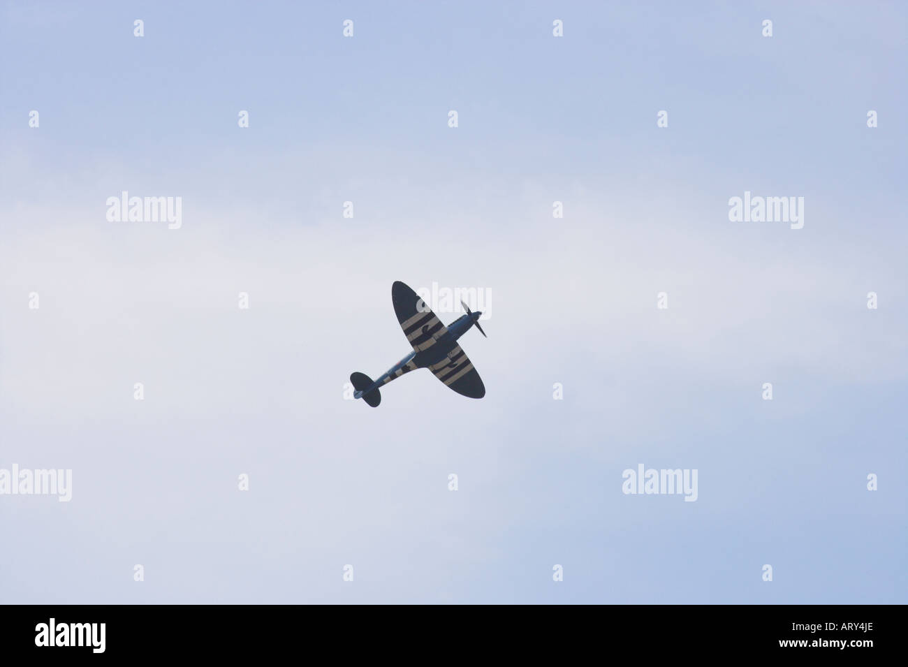 Spitfire PR Mk XIX climbing and showing underside in a cloudy blue sky Stock Photo