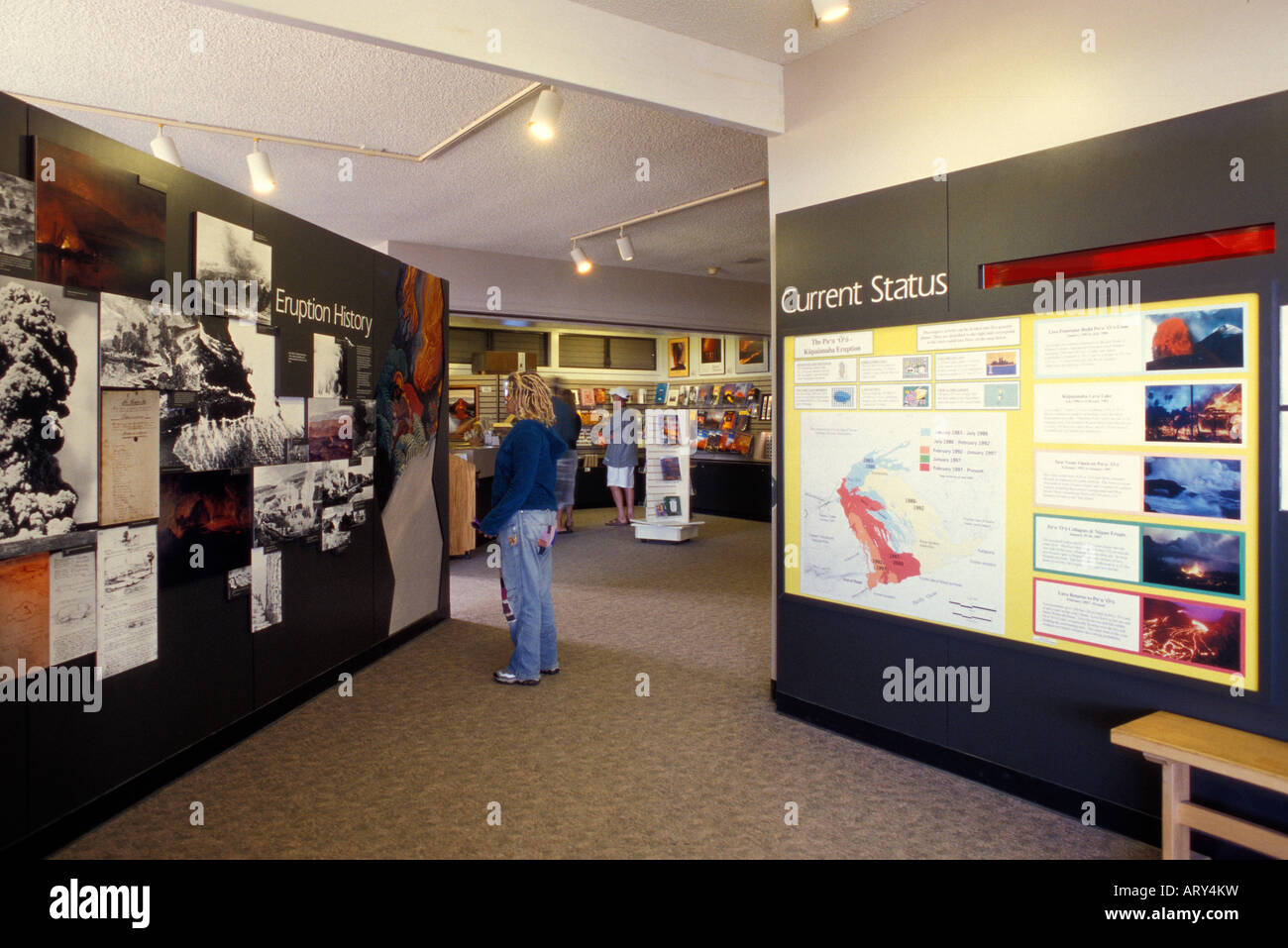 Tourists view the exhibits at the Thomas A. Jager Museum at Halemaumau Crater within the Hawaii Volcanoes National Park on the Stock Photo