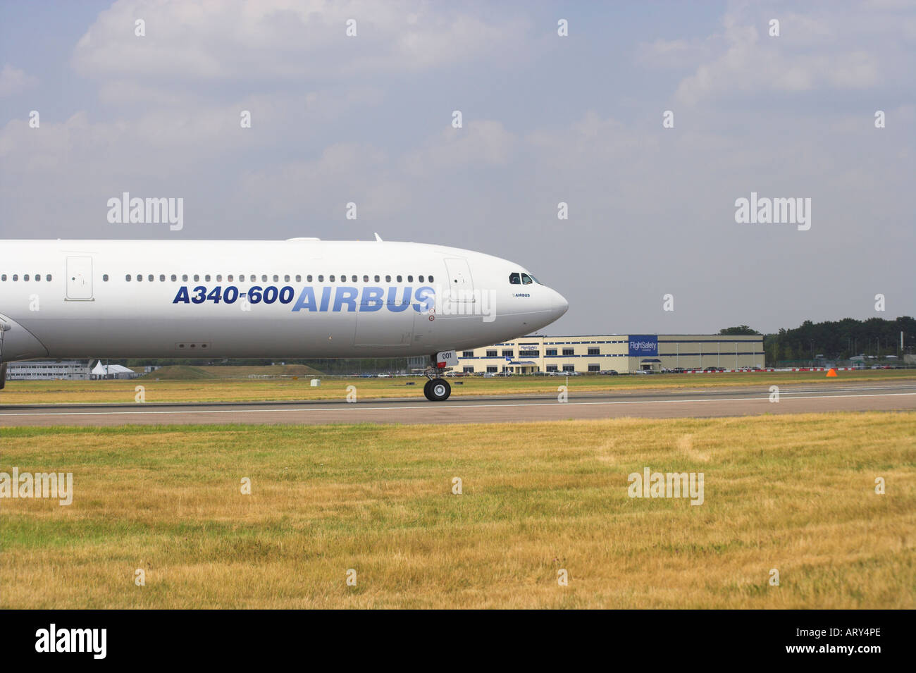 Airbus A340 600 taxiing after landing at Farnborough Stock Photo