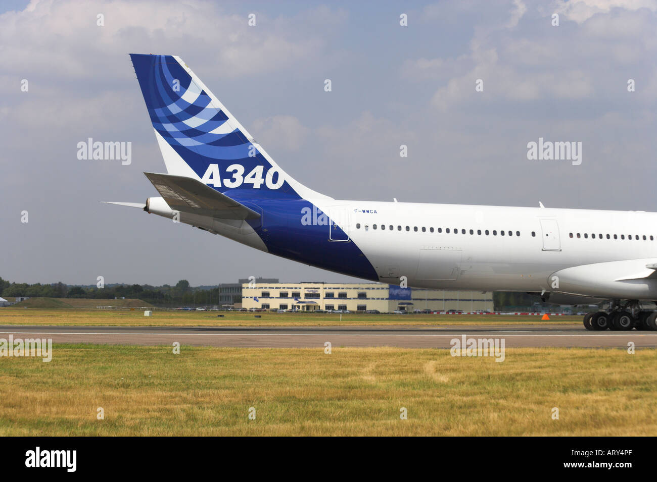 Airbus A340 600 taxiing after landing at Farnborough Stock Photo