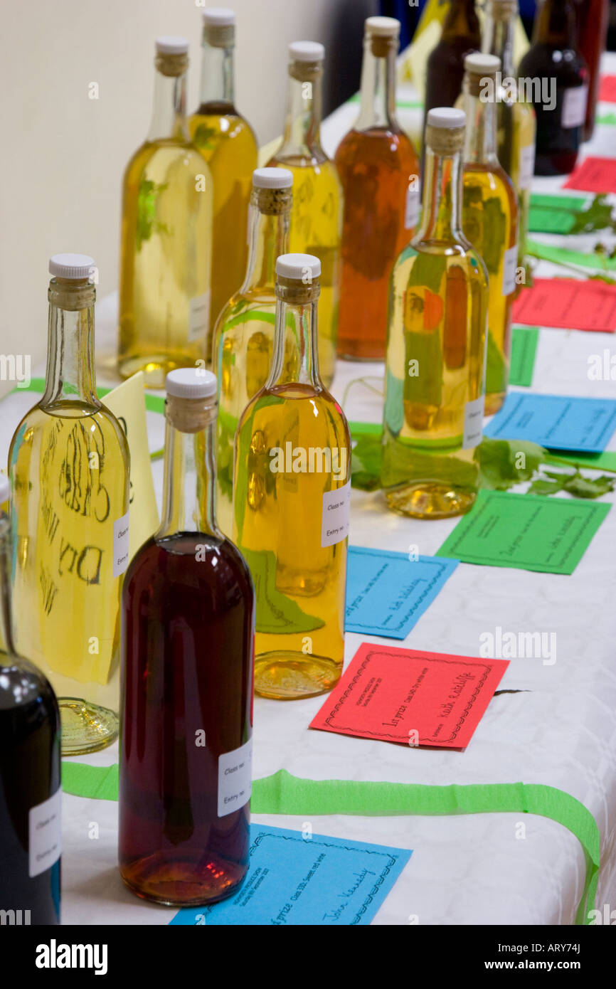 Bottles of home made wine with certificates marking first, second and