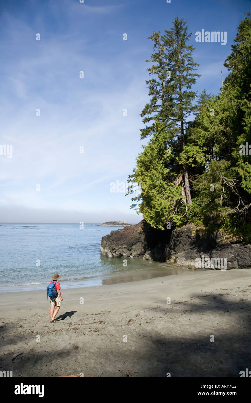 Woman on beach at Halfmoon Bay with sea fog on skyline Pacific Rim national park reserve Vancouver island Canada Stock Photo