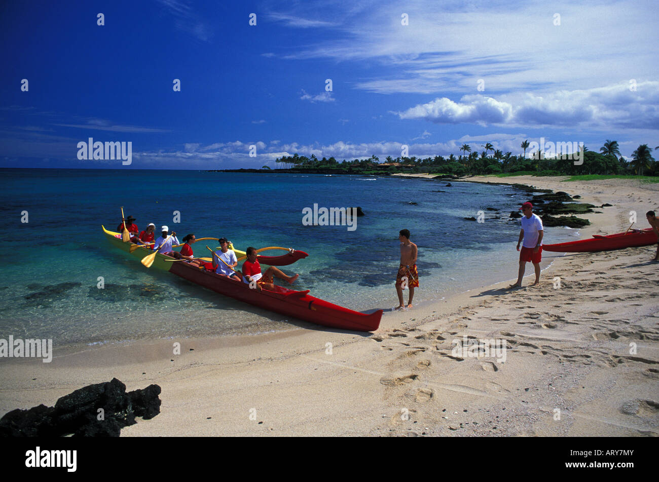 Scenic Kukio Beach and outrigger canoe, Kona coast of Hawaii Stock