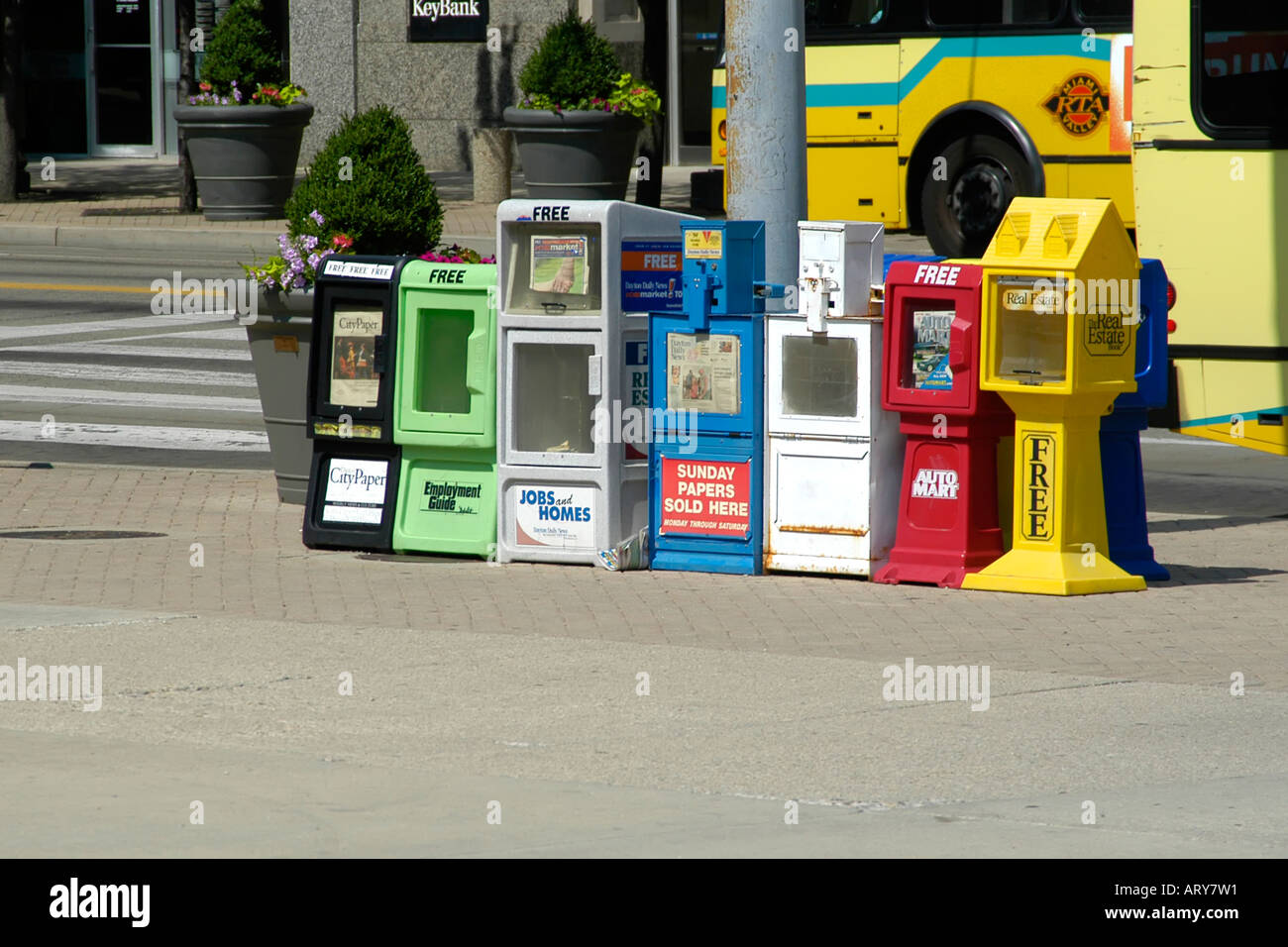 Long line of Newspaper vending machines in downtown Dayton Ohio Stock