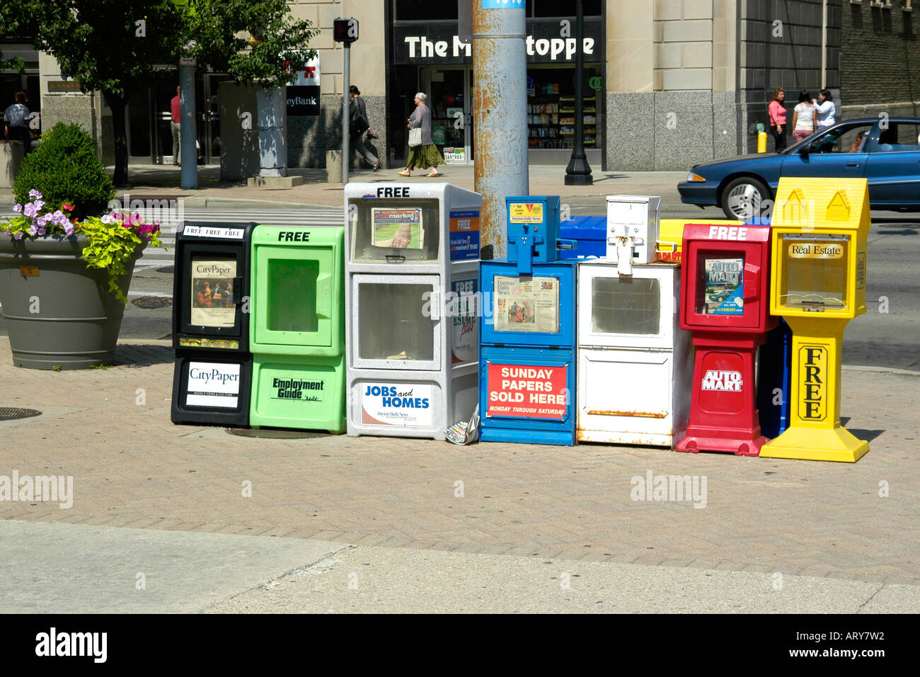 Long line of Newspaper vending machines in downtown Dayton Ohio Stock Photo Alamy