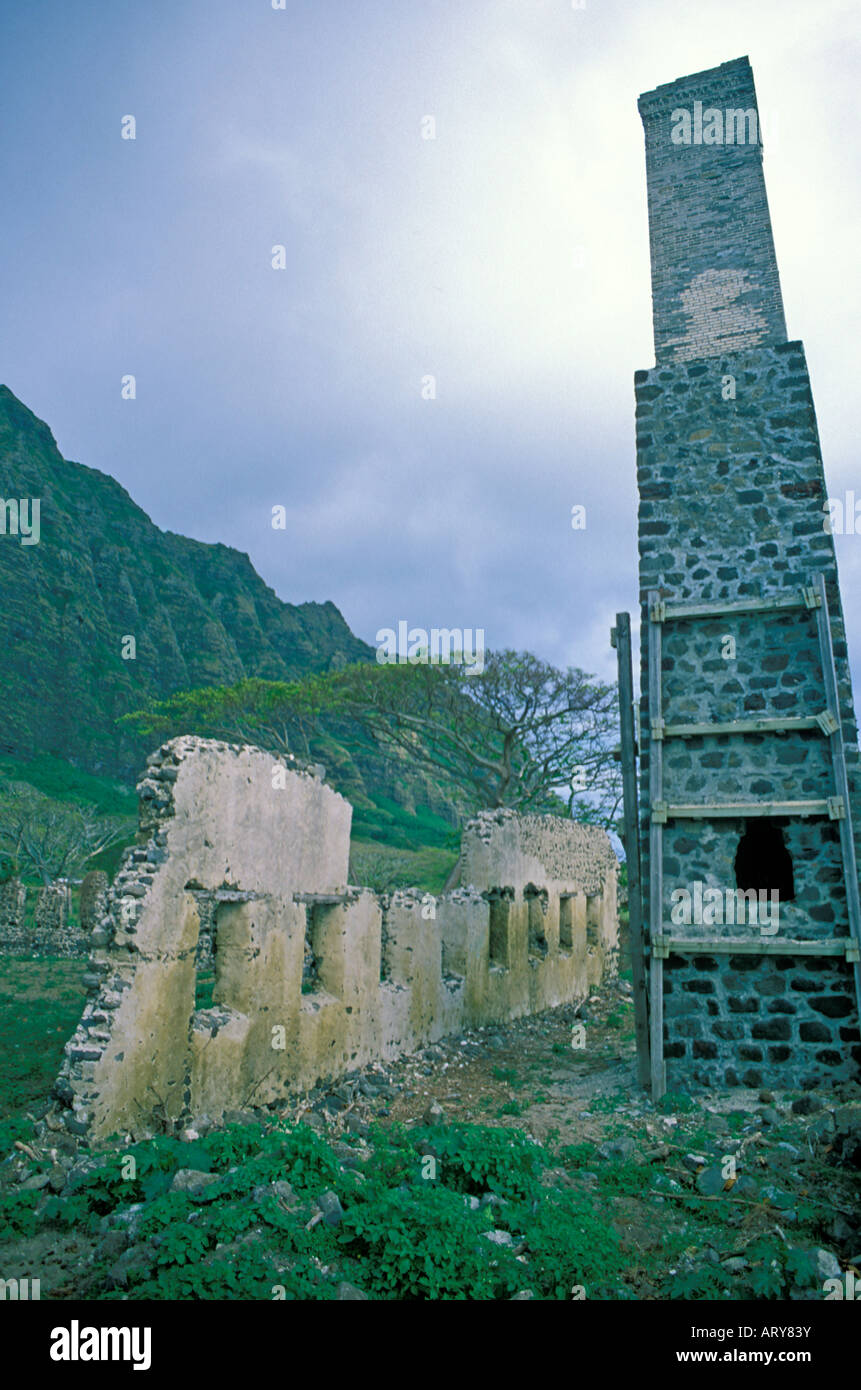 historic Kualoa Sugar Mill ruins. A once active sugar mill located along the windward oahu coastline near the popular Kualoa Stock Photo