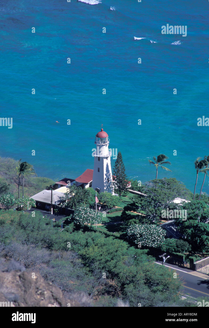The Diamond Head Lighthouse as seen from atop Diamond Head Crater Stock