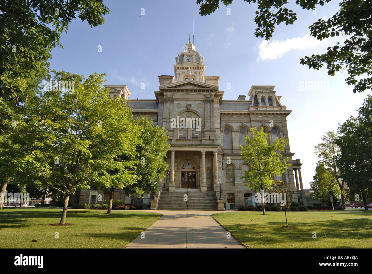 The Shelby County Courthouse and fountain in Sidney Ohio. Named Stock