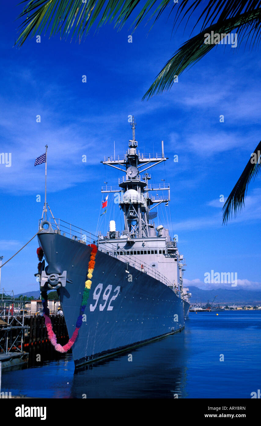 Adorned with a giant flower Lei, this naval vessel is home