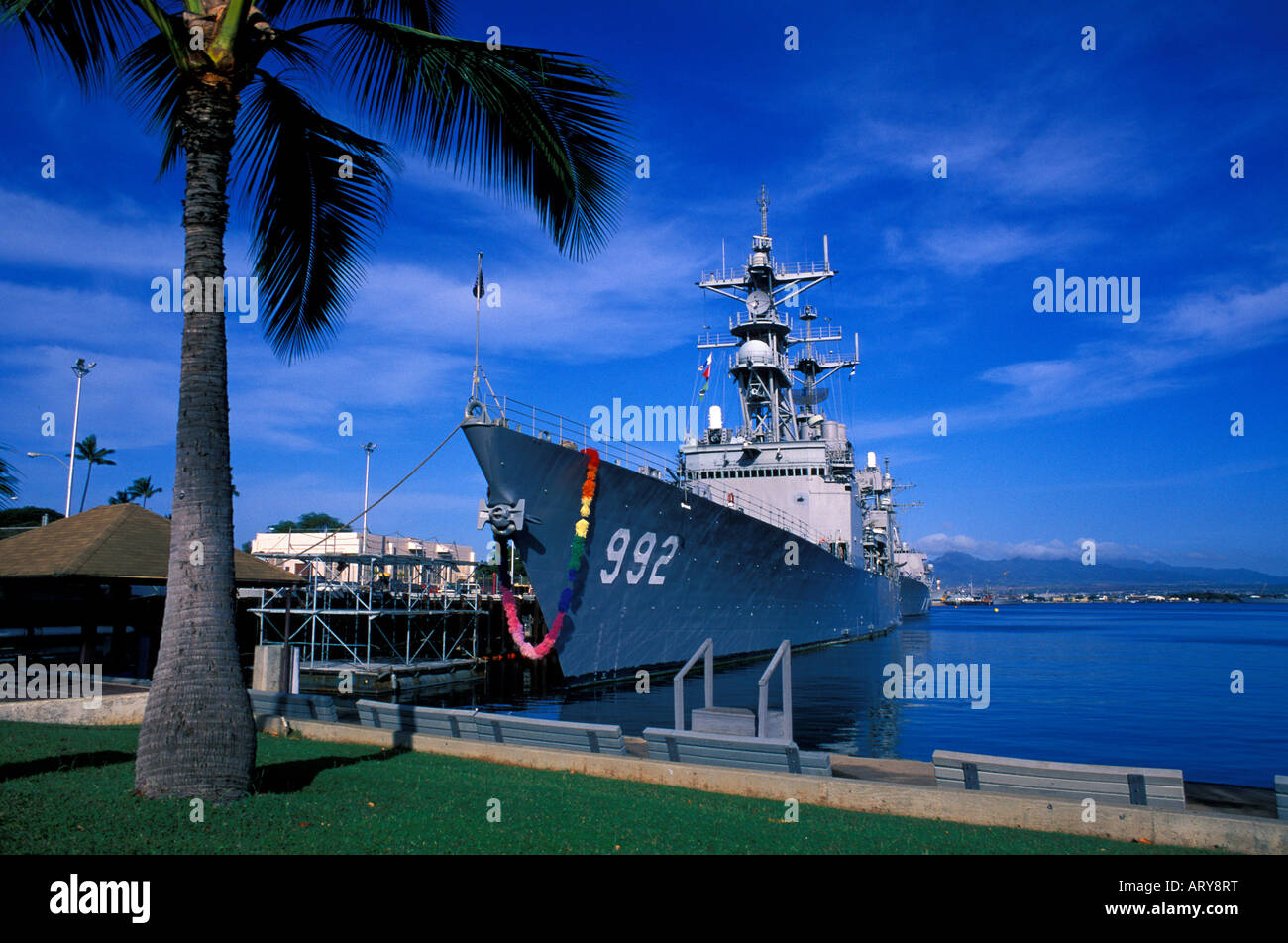 Adorned with a giant flower Lei, this naval vessel is welcomed home from a long tour at sea. Pearl harbor. Stock Photo