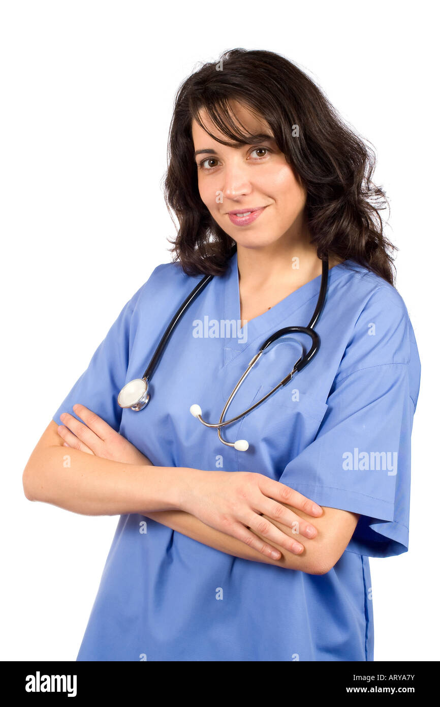 Friendly female doctor in blue scrubs with stethoscope Stock Photo Alamy