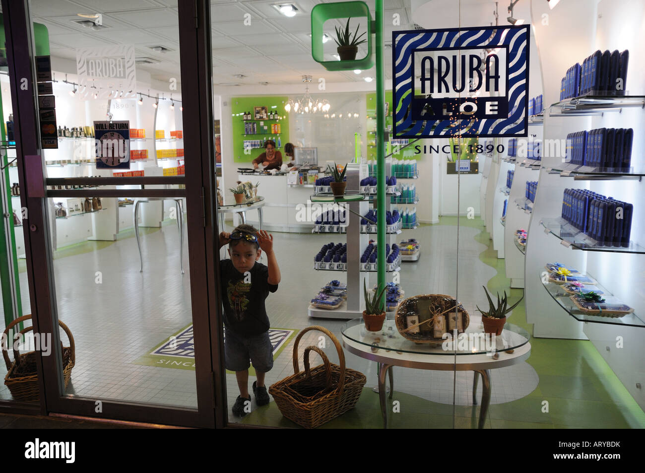 A shop in Aruba selling aloe, which has been grown in Aruba for more than a century and has many cosmetic and medicinal uses. Stock Photo