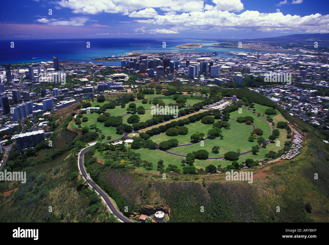 An aerial view of Punchbowl Memorial.A cemetary for military veterans