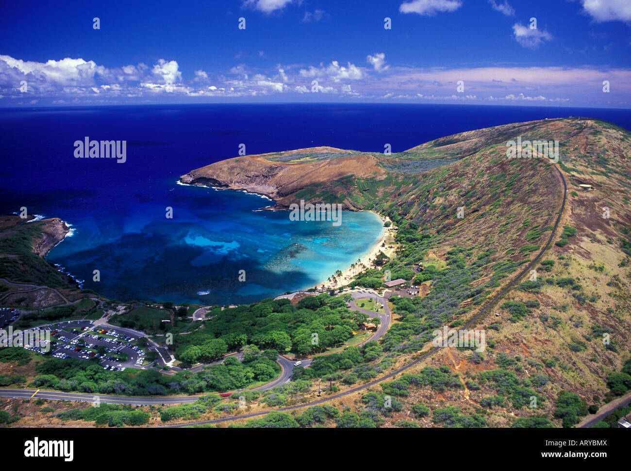 Aerial view of Hanauma Bay, an underwater paradise where snorkelers