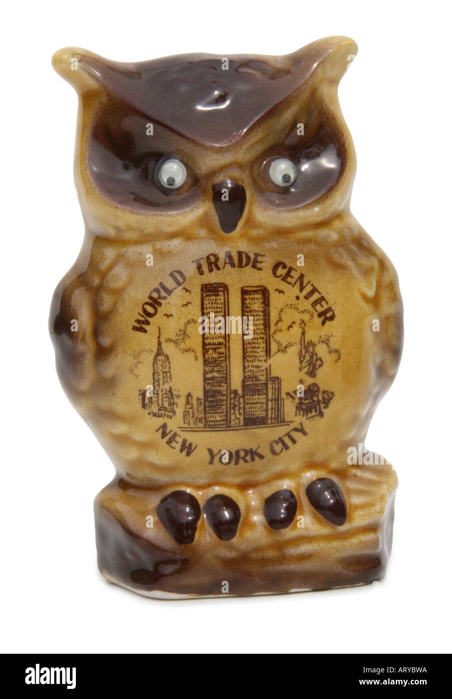 Souvenir china owl depicting World Trade Center circa 1970s. This image has a clipping path. Stock Photo
