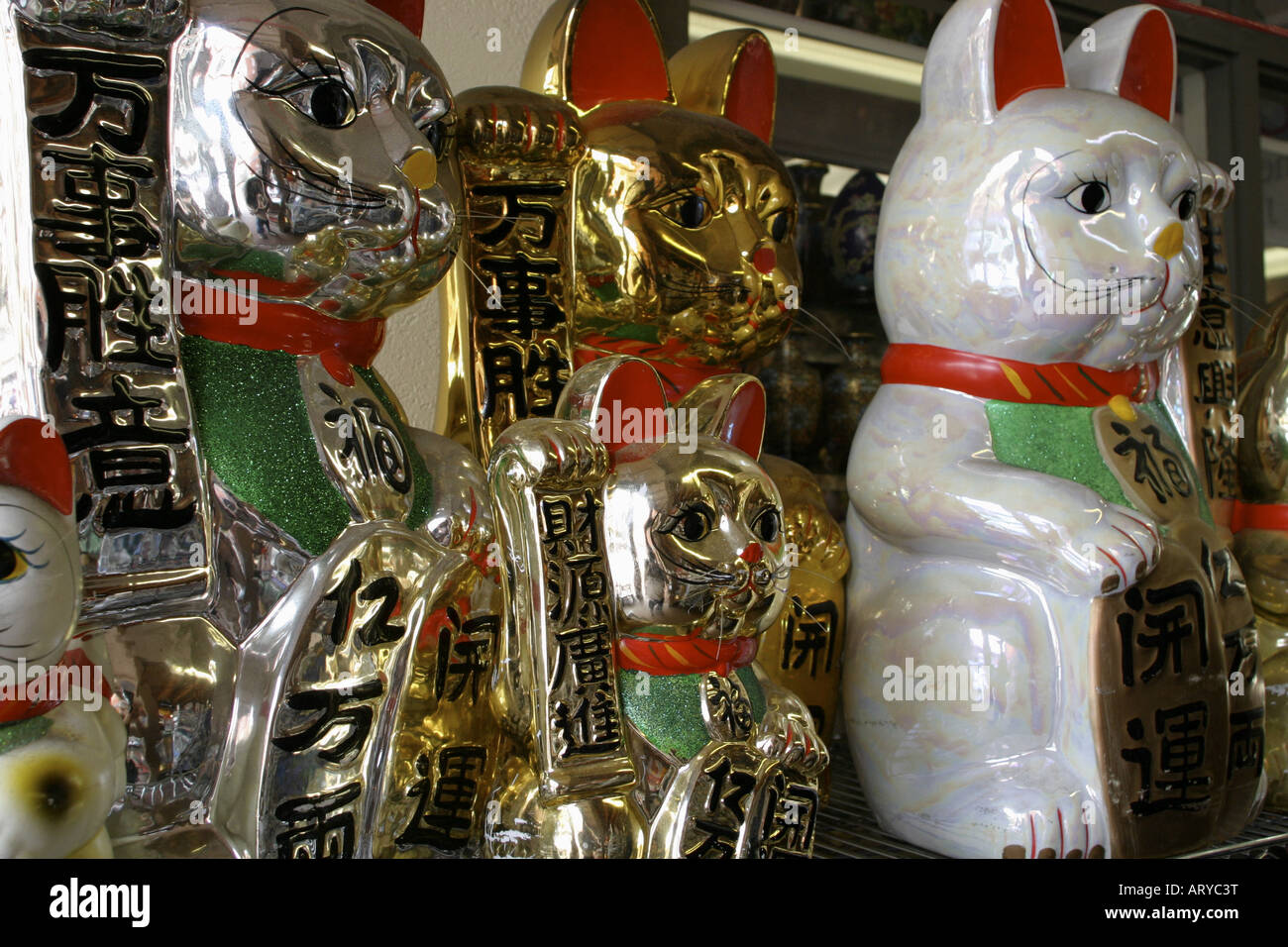 Ceramic figures of cats, pigs and monkeys are signs of good luck in the