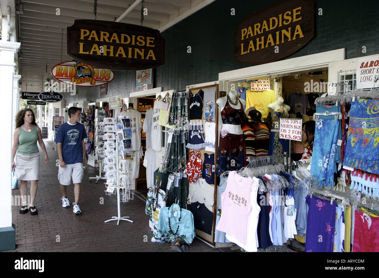 Shopping along Front street's many storefronts  in historic Lahaina town. Maui. Stock Photo