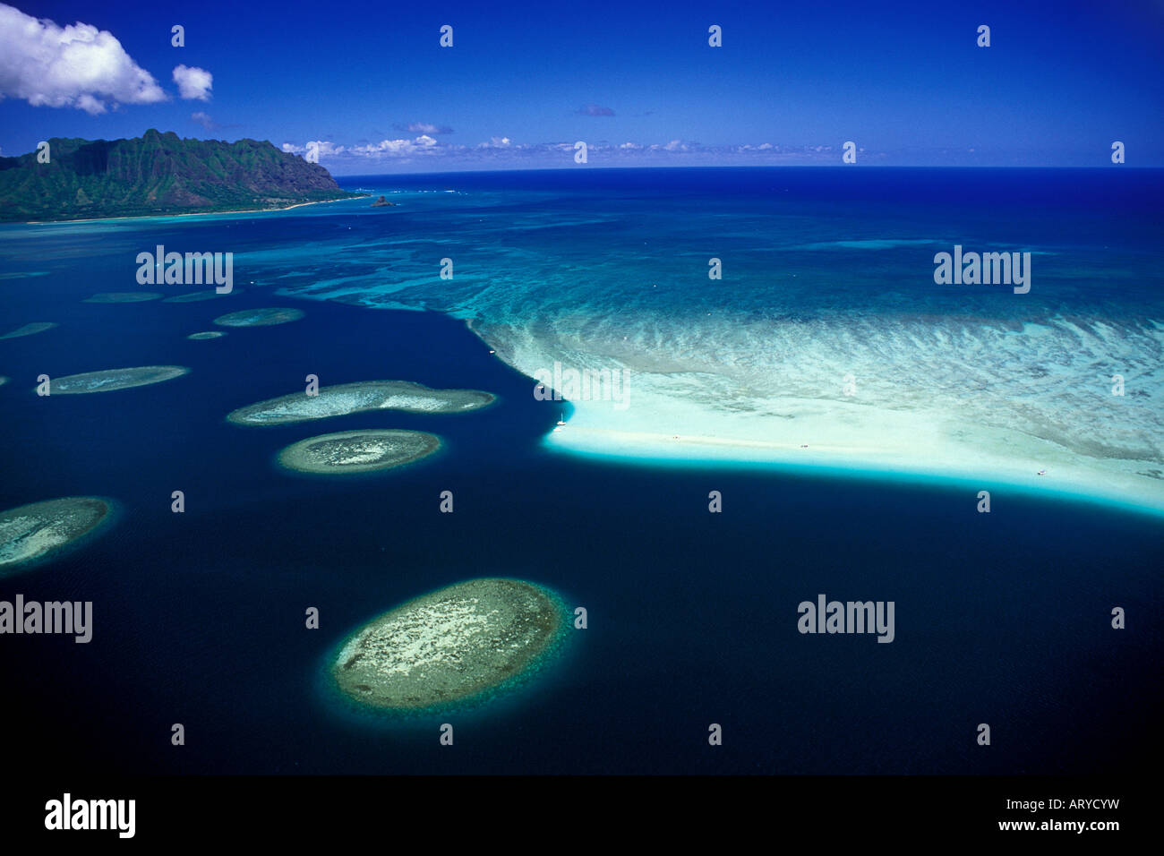 Aerial view of Kaneohe Bay and it's many table reefs and sand bars