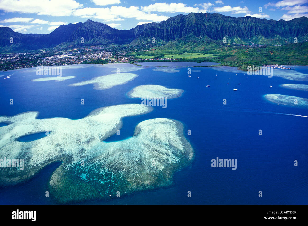 Aerial view of Kaneohe Bay and it's many table reefs and sand bars