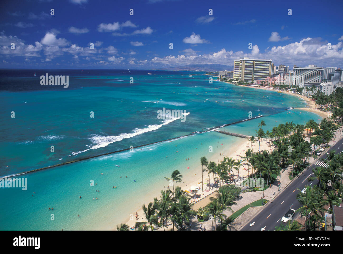 A spectacular view of beautiful Waikiki Beach. Kalakaua Ave. in the
