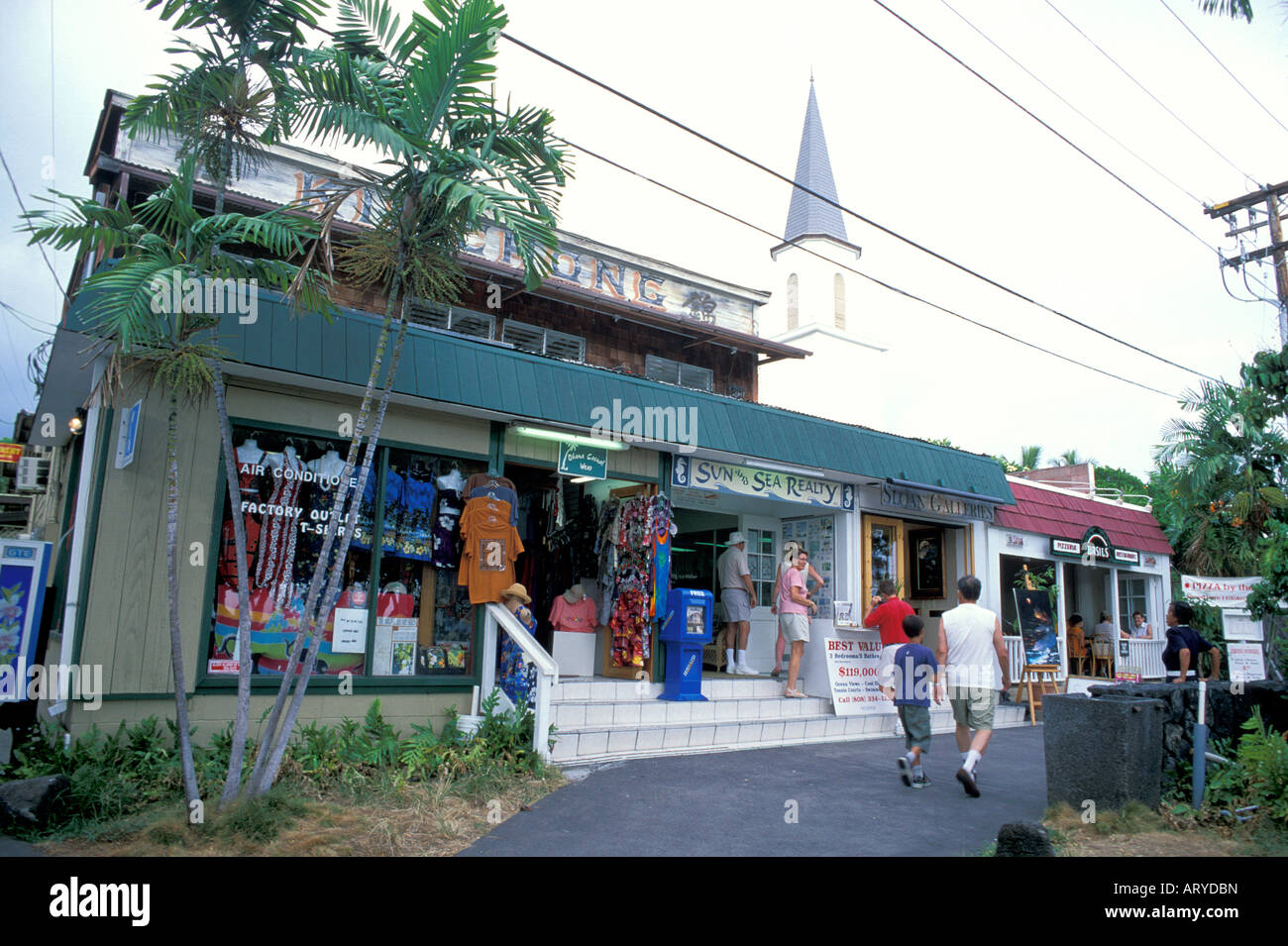 Scenes from along the waterfront in the quaint town of Kailua-Kona. Gift shops,hotels,restaurants,shave ice stands ,art Stock Photo