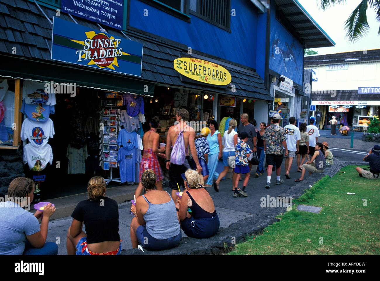 Scenes from along the waterfront in the quaint town of Kailua-Kona. Gift shops,hotels,restaurants,shave ice stands ,art Stock Photo
