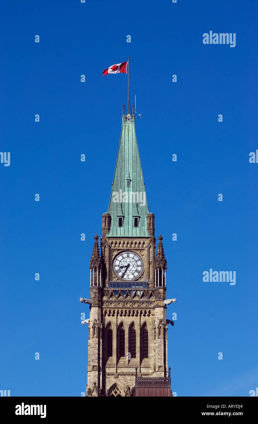 Clock on the Peace Tower Canadian Parliament Hill Buildings in Ottawa Ontario Canada Stock Photo