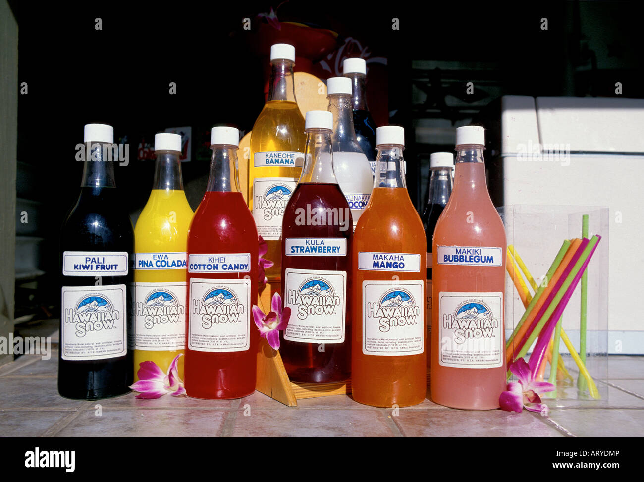 Shave ice syrup of various flavors in bottles Stock Photo