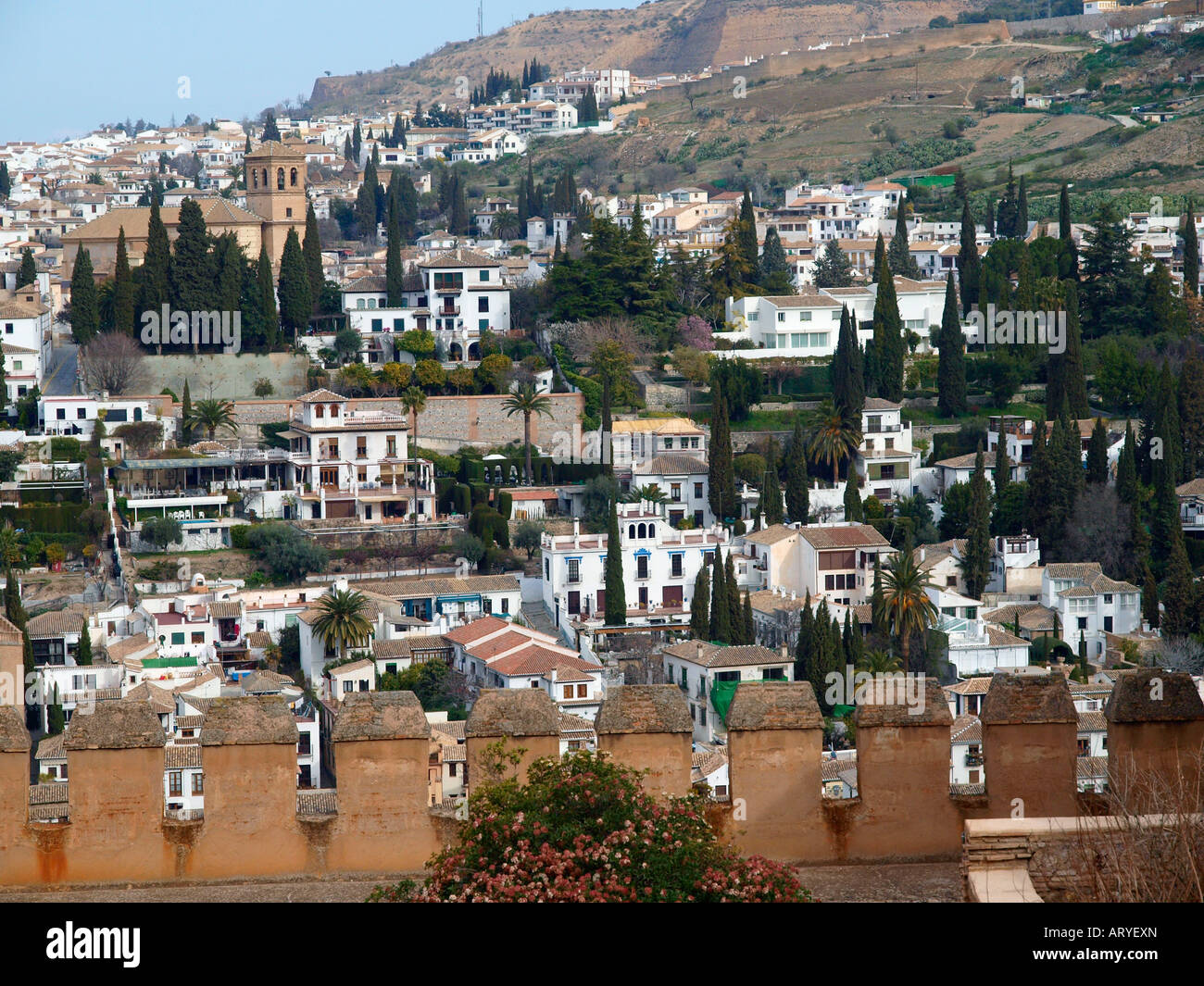 View of Albaicin district rooftops showing the characteristic Moorish architecture of the area.  Granada Andalucia Spain Stock Photo